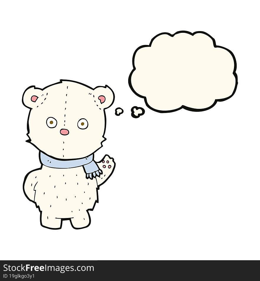 cartoon waving polar bear cub with thought bubble