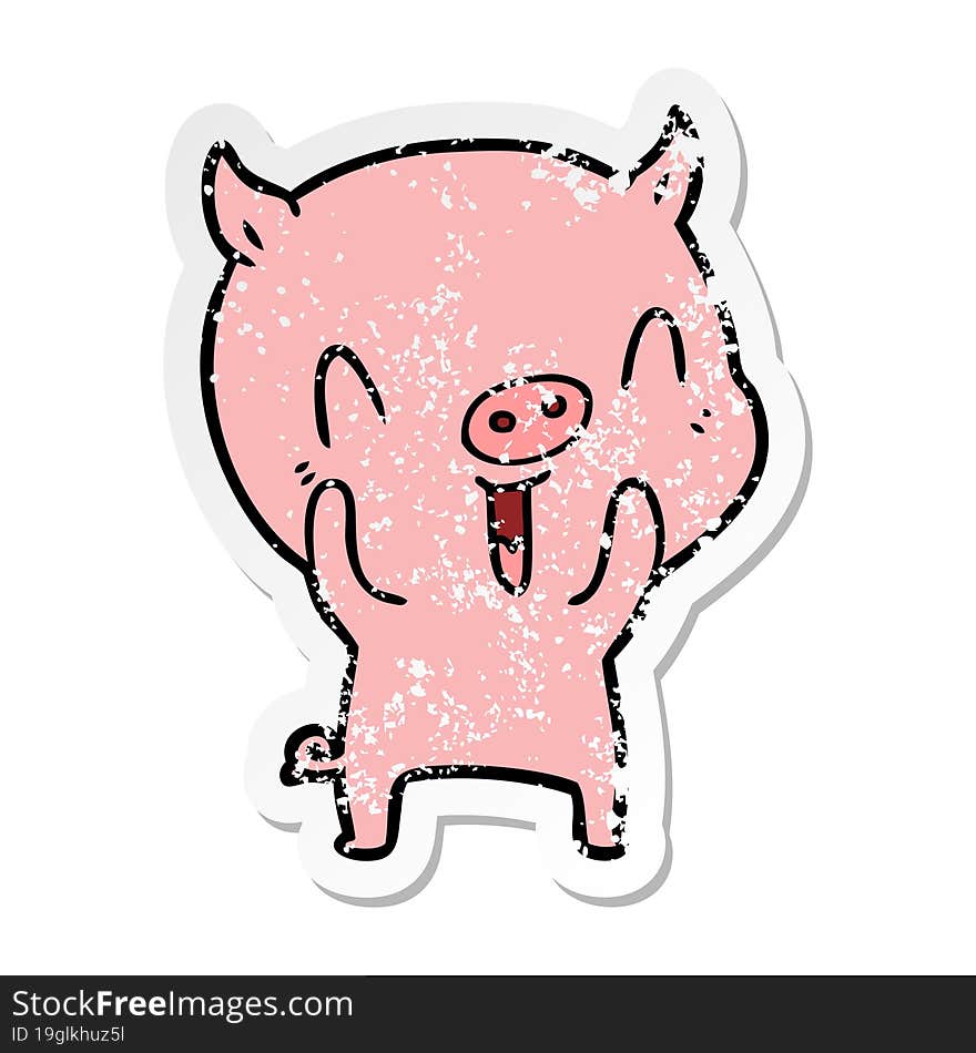 distressed sticker of a happy cartoon pig