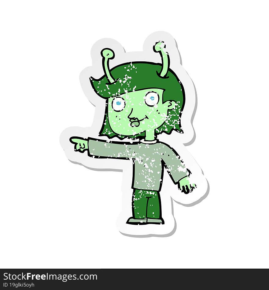 retro distressed sticker of a cartoon space alien