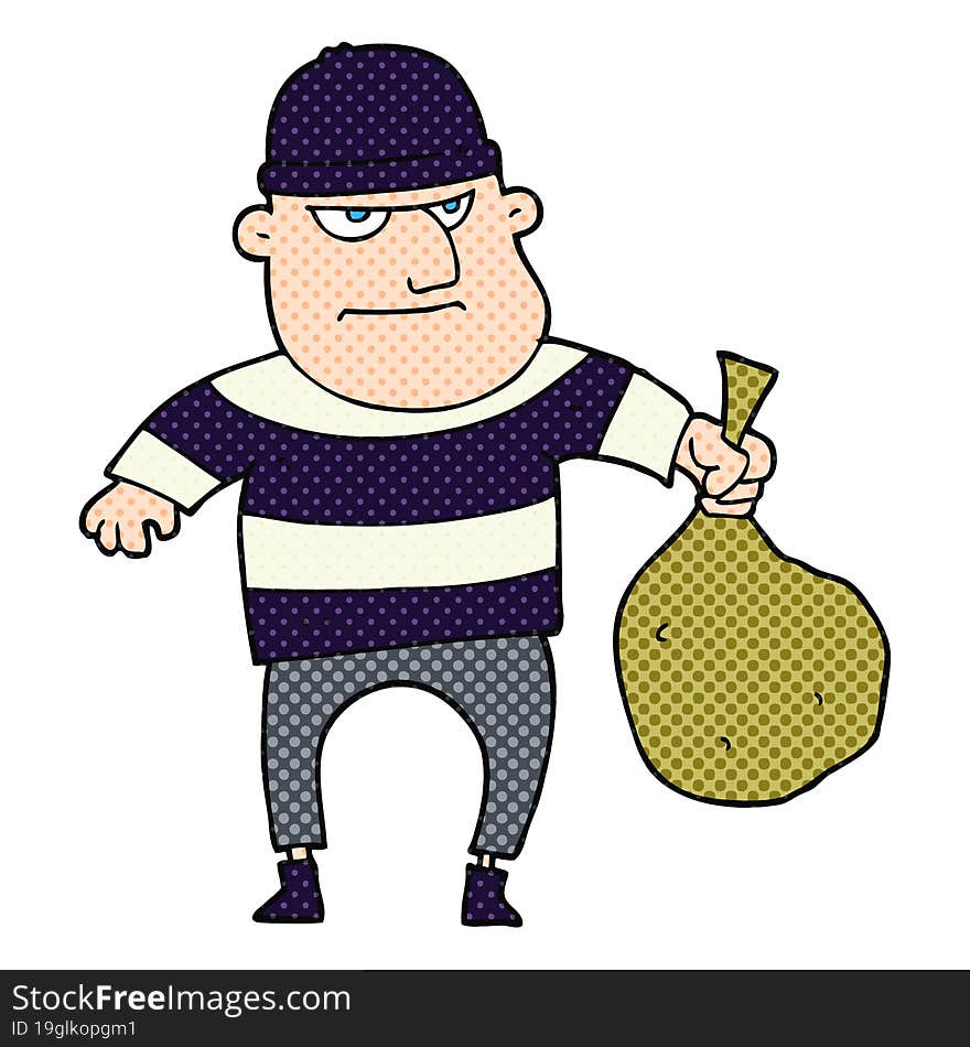 freehand drawn cartoon burglar with loot bag