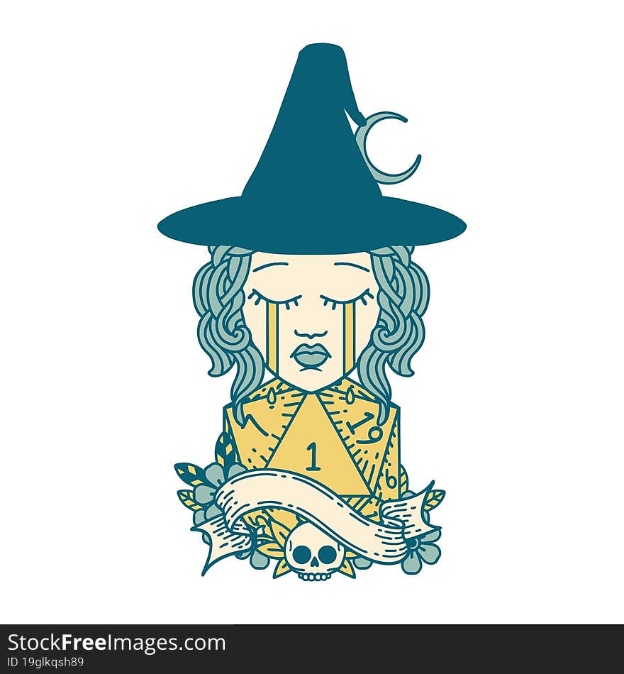 crying human witch with natural D20 roll illustration