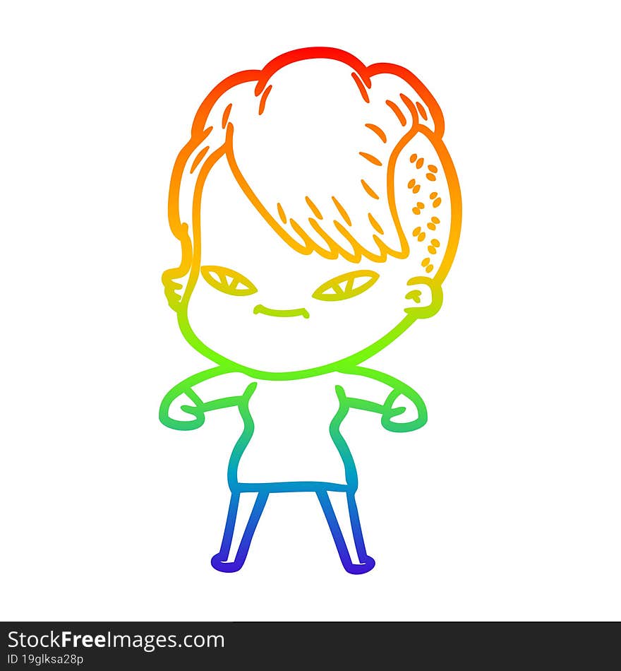 Rainbow Gradient Line Drawing Cute Cartoon Girl With Hipster Haircut