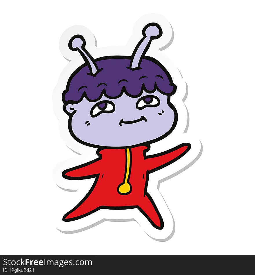 sticker of a friendly cartoon spaceman dancing