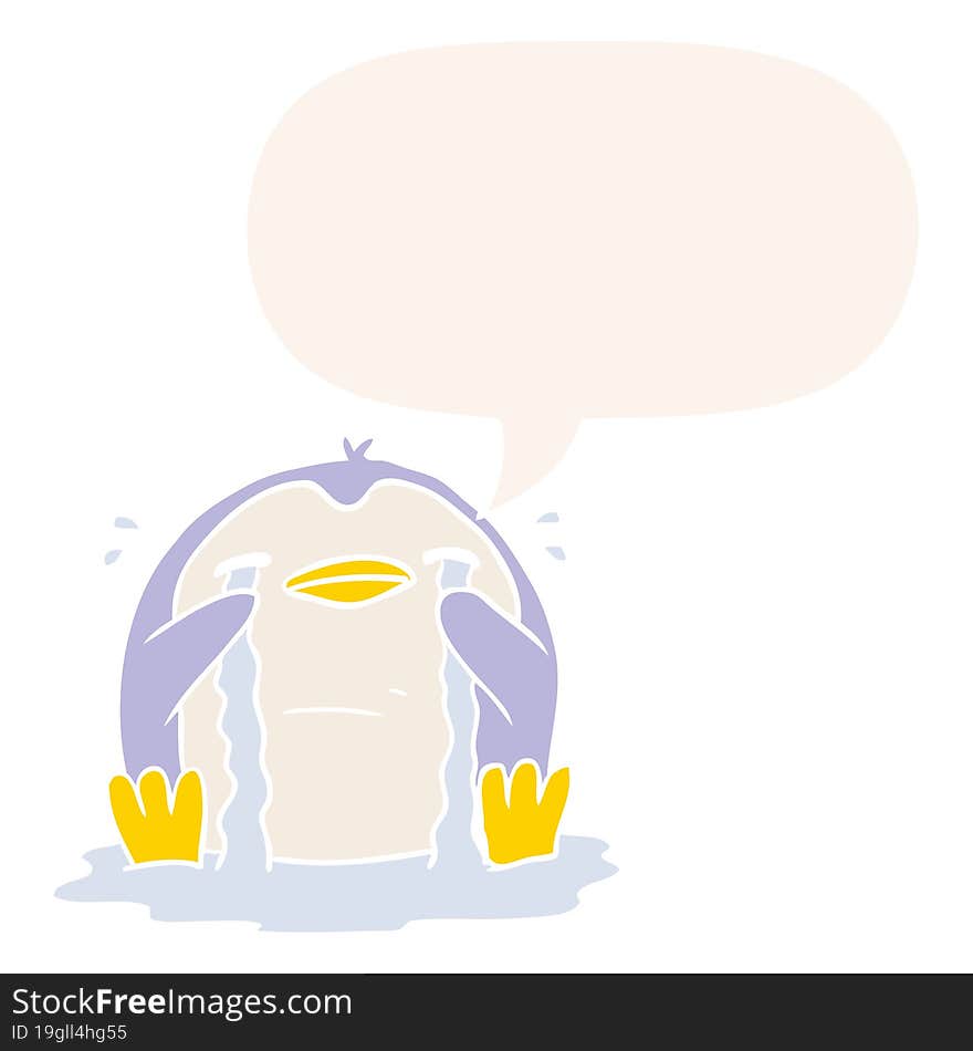 cartoon crying penguin and speech bubble in retro style