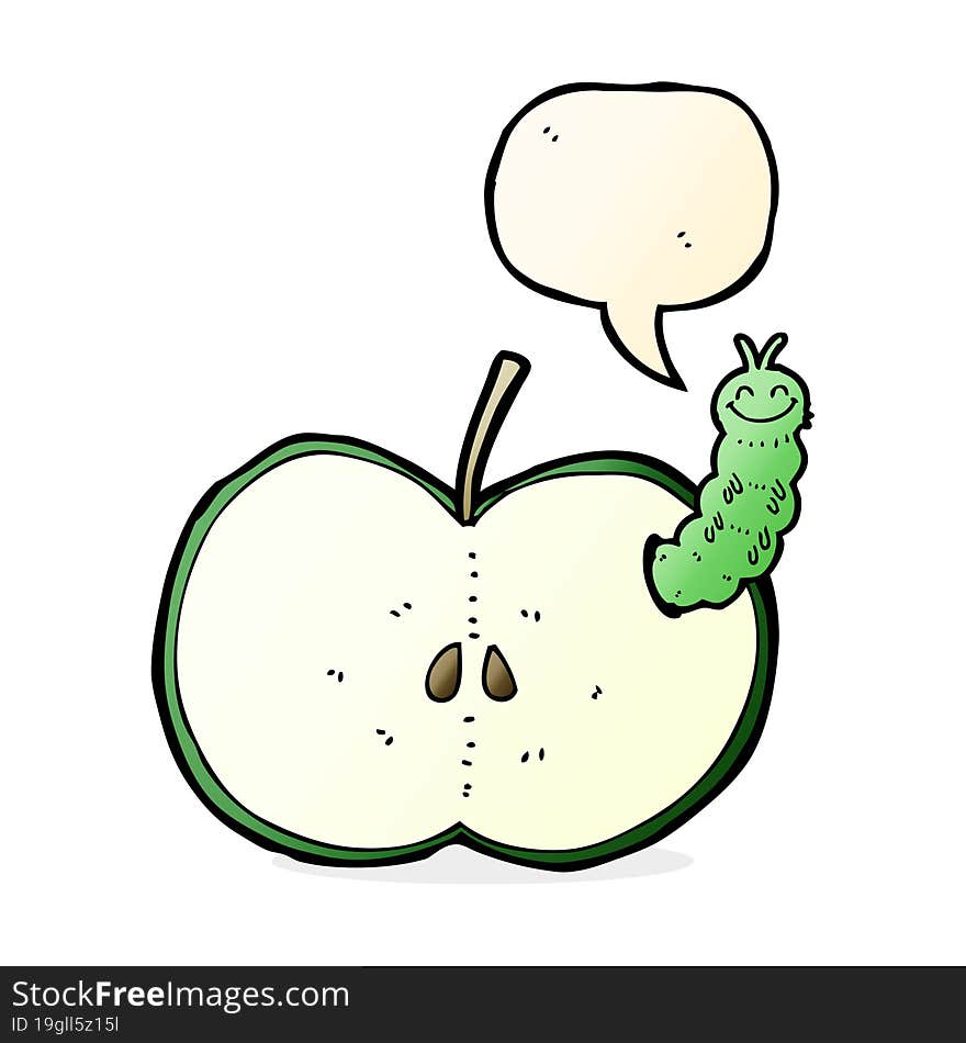 cartoon bug eating apple with speech bubble