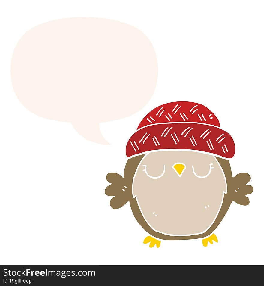 cute cartoon owl in hat and speech bubble in retro style