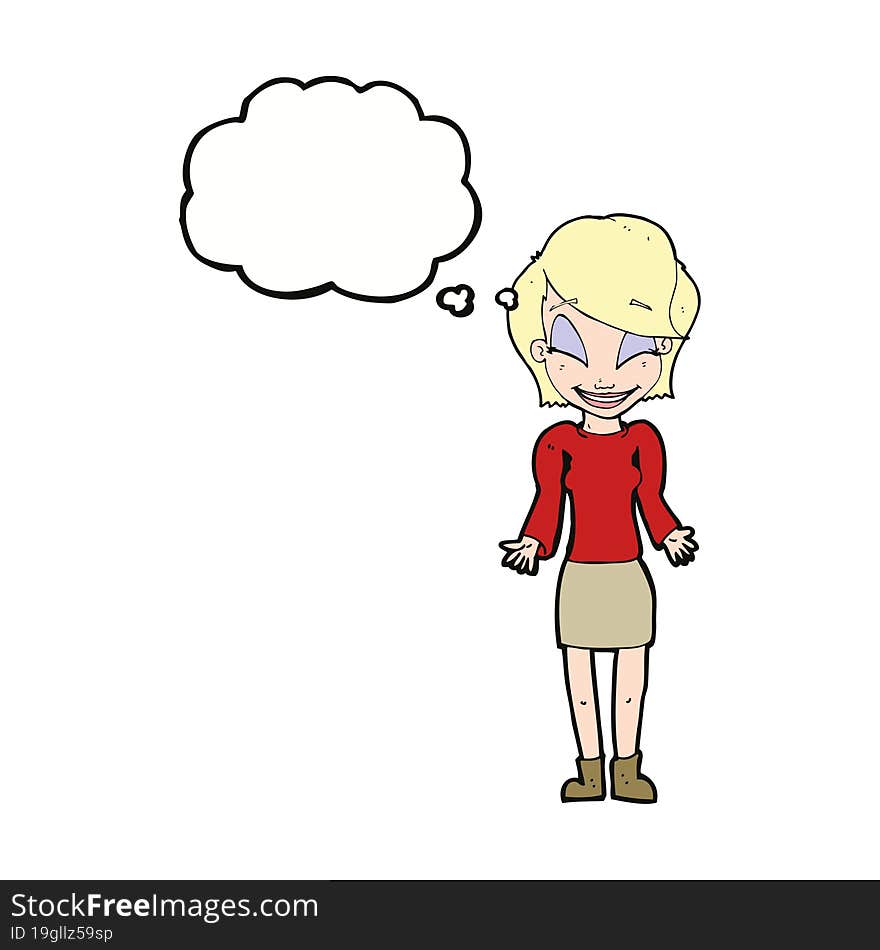 cartoon happy woman shrugging shoulders with thought bubble