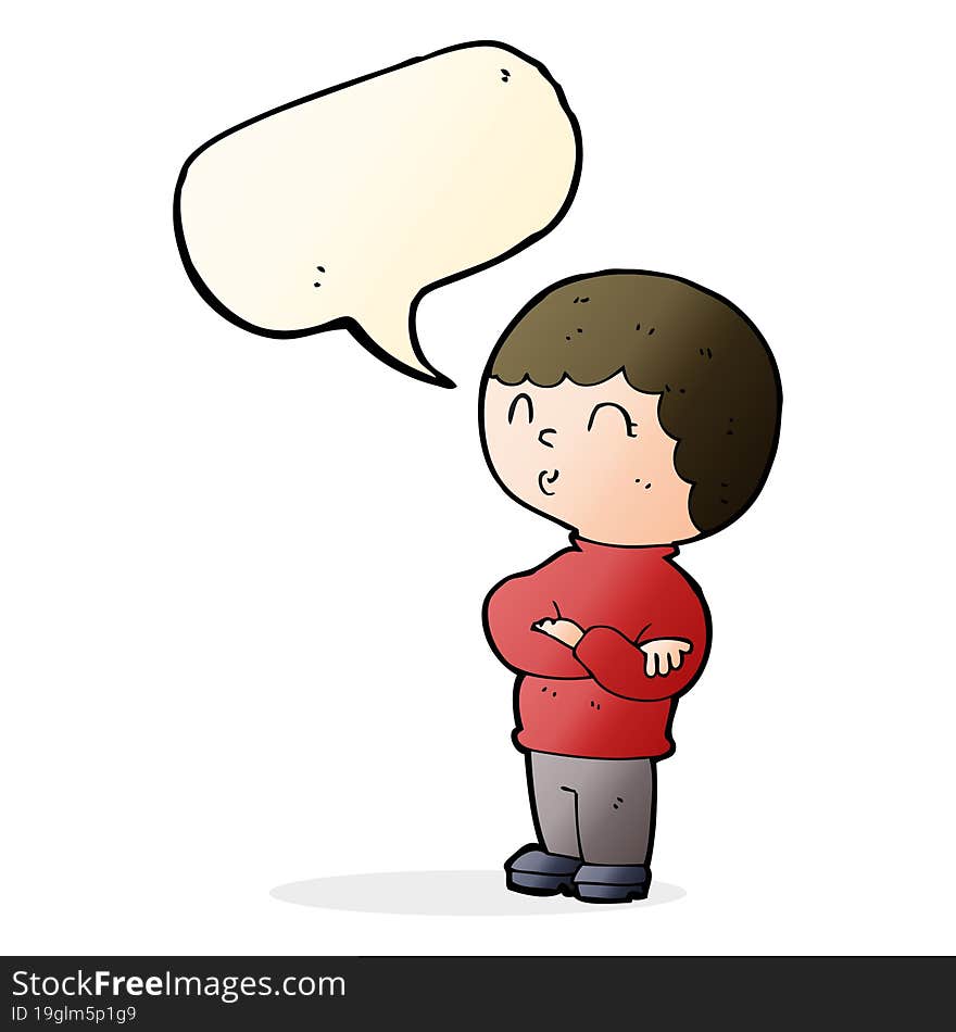 cartoon boy with folded arms with speech bubble