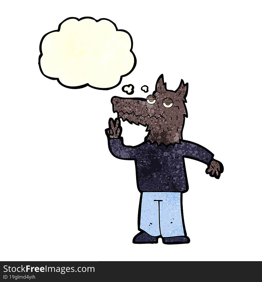 cartoon happy wolf man with thought bubble