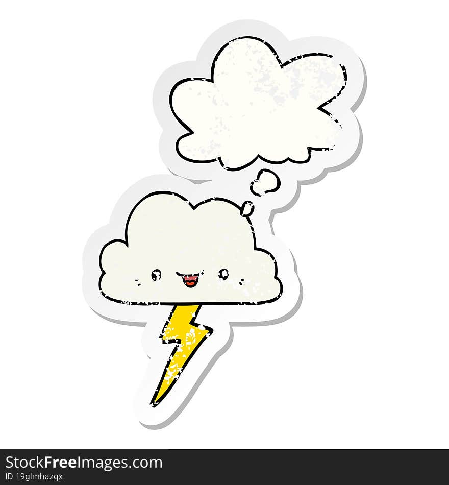 cartoon storm cloud and thought bubble as a distressed worn sticker