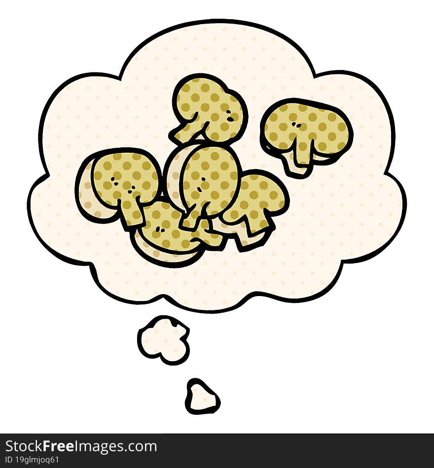 Cartoon Chopped Mushrooms And Thought Bubble In Comic Book Style