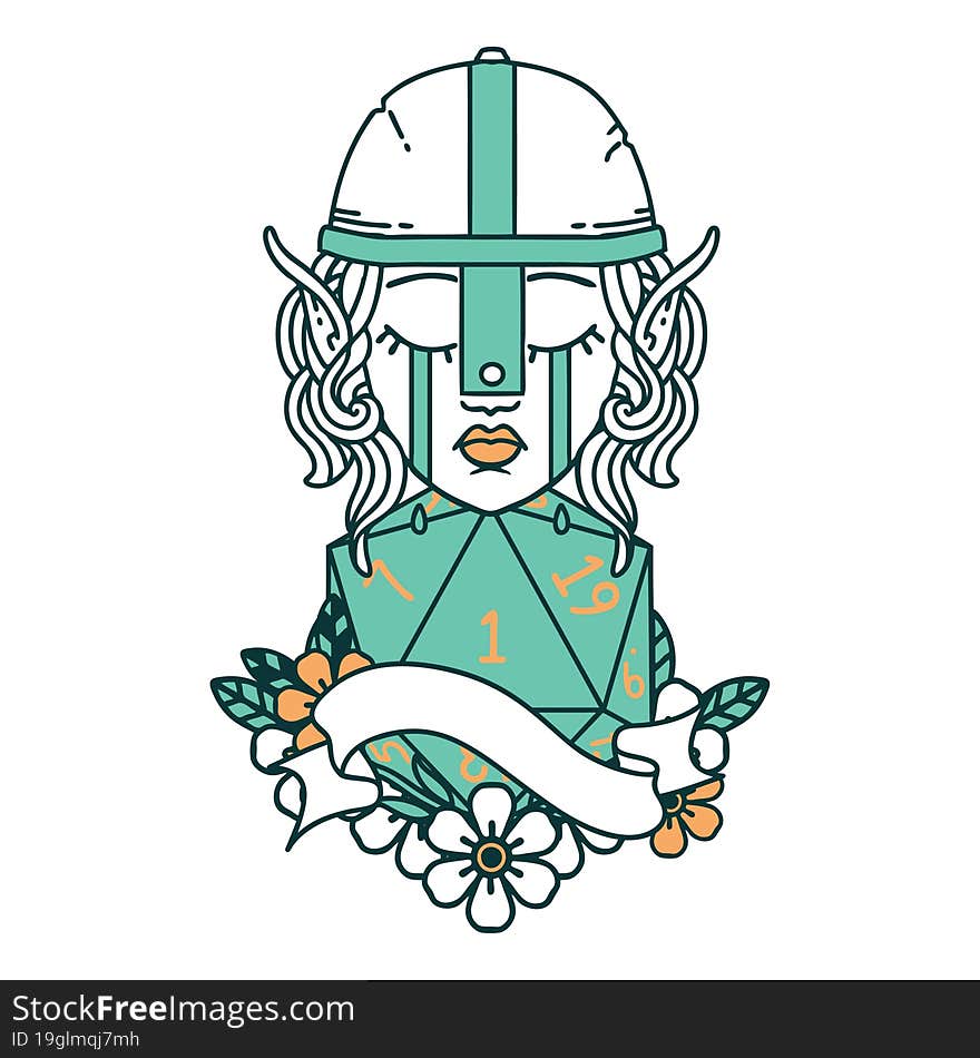 Crying Elf Fighter Character Face With Natural One D20 Roll Illustration