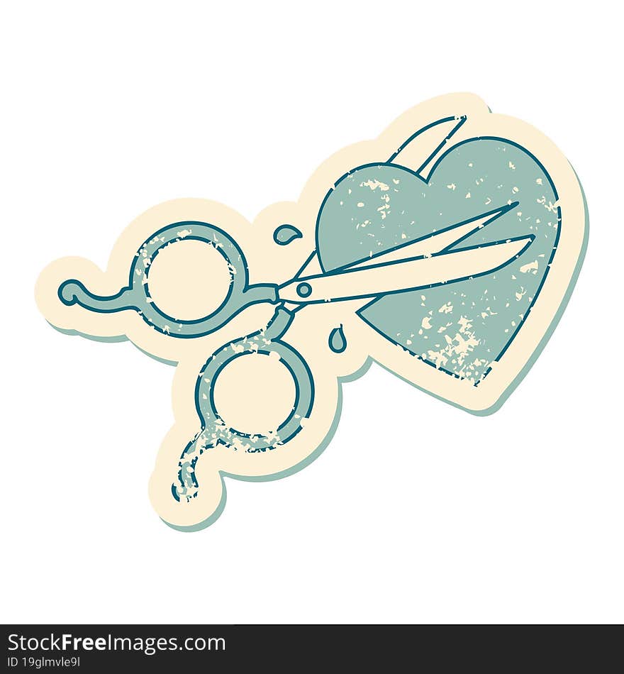 distressed sticker tattoo style icon of scissors cutting a heart