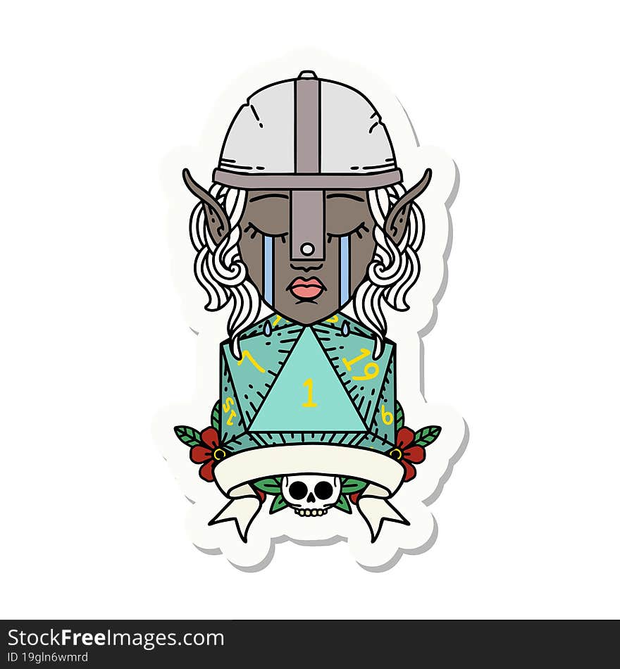 crying elf fighter character face with natural one D20 roll sticker