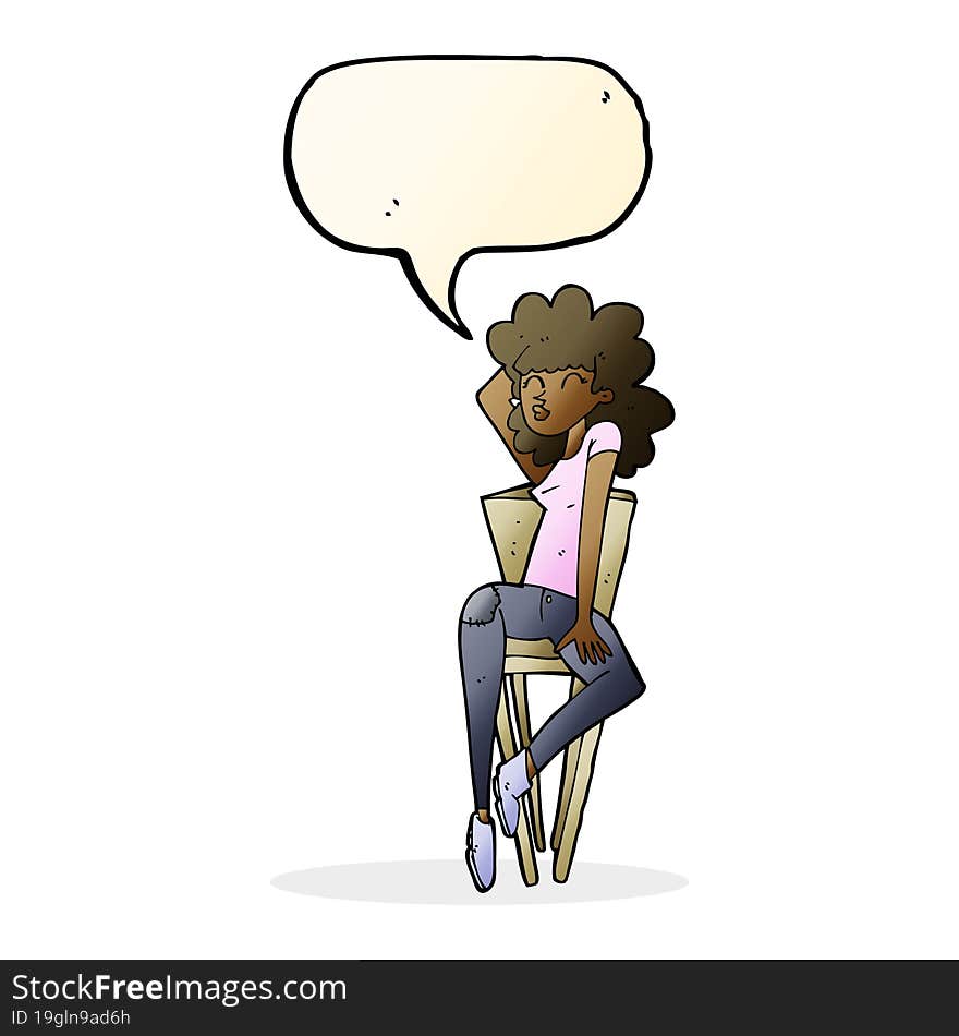 cartoon woman posing on chair with speech bubble