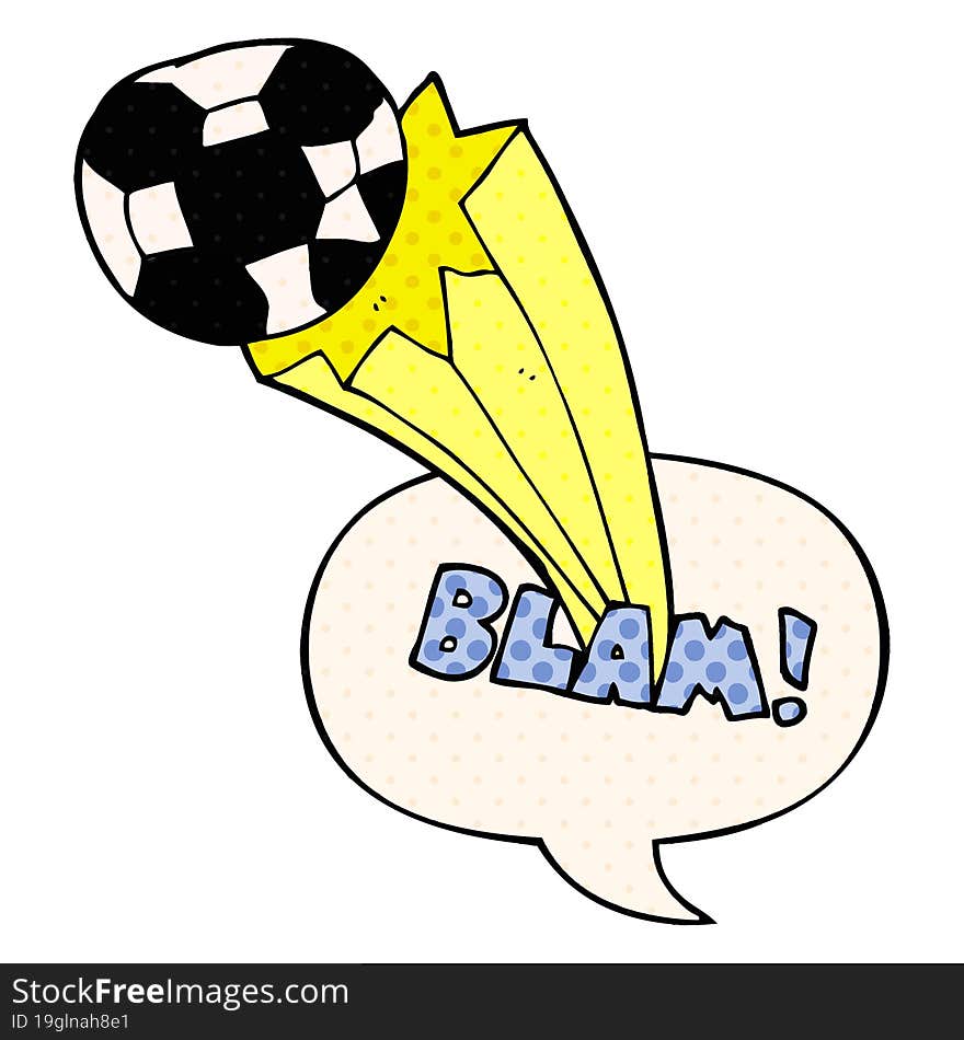 cartoon kicked soccer ball and speech bubble in comic book style