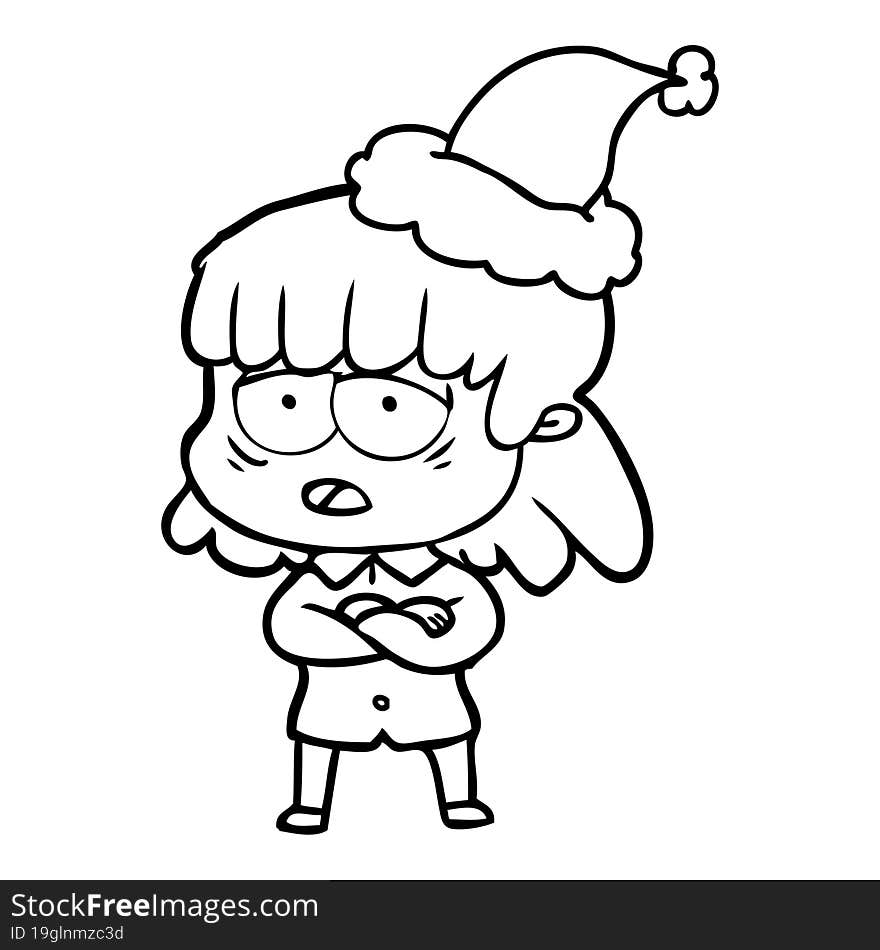 line drawing of a tired woman wearing santa hat