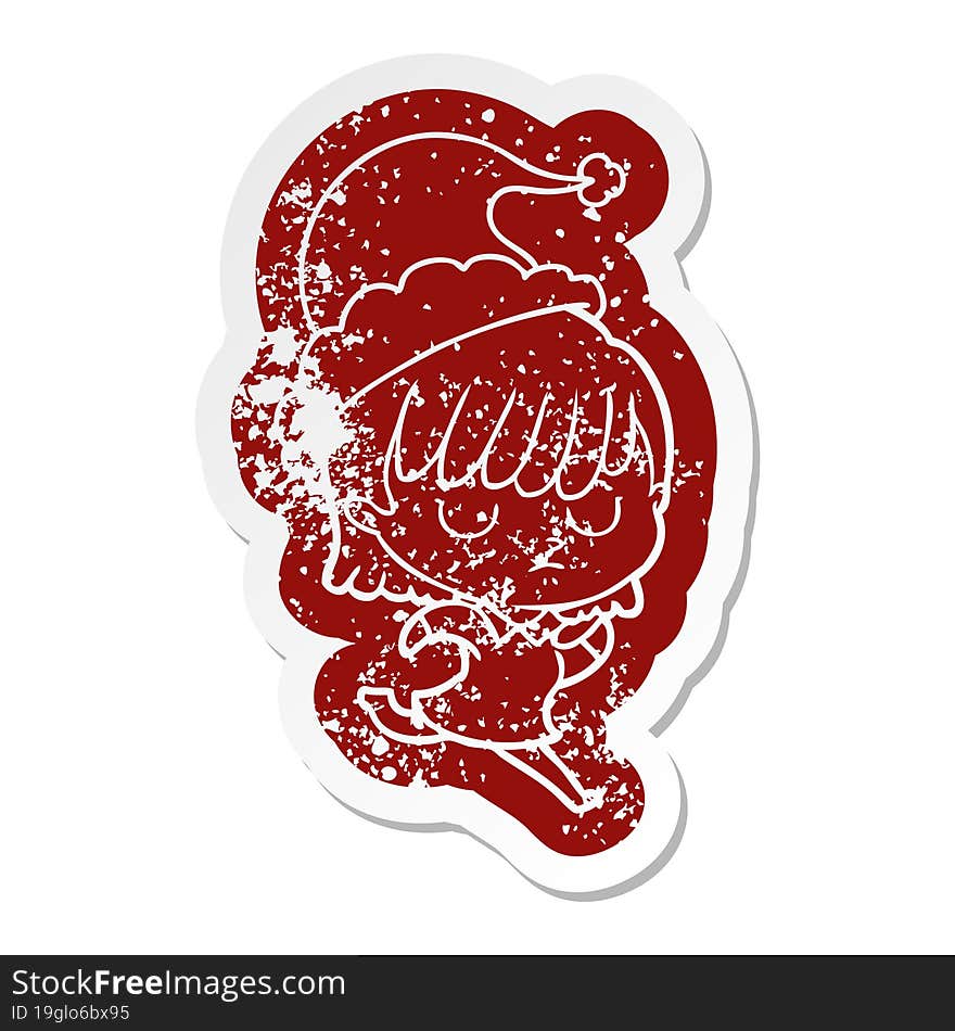 quirky cartoon distressed sticker of a woman wearing santa hat