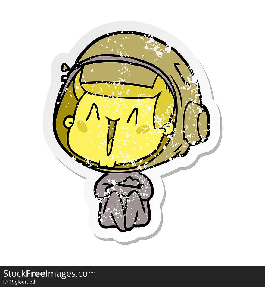 distressed sticker of a happy cartoon astronaut