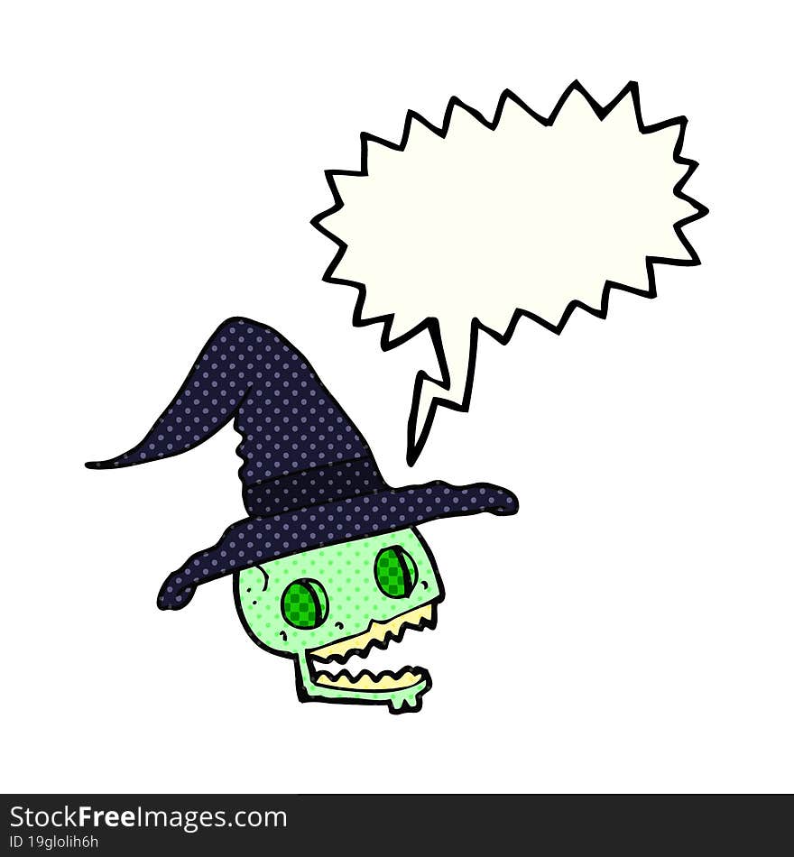 comic book speech bubble cartoon skull wearing witch hat