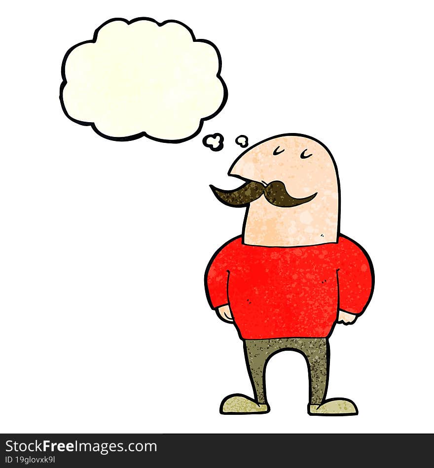 cartoon bald man with mustache with thought bubble