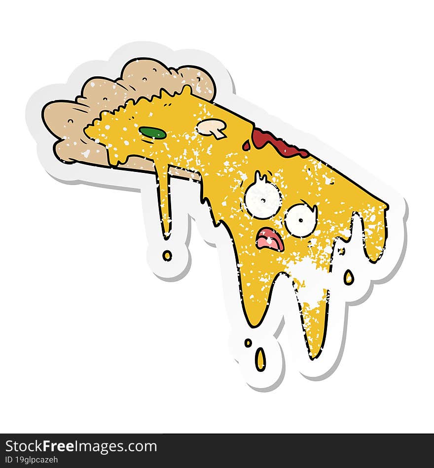 distressed sticker of a melting pizza cartoon