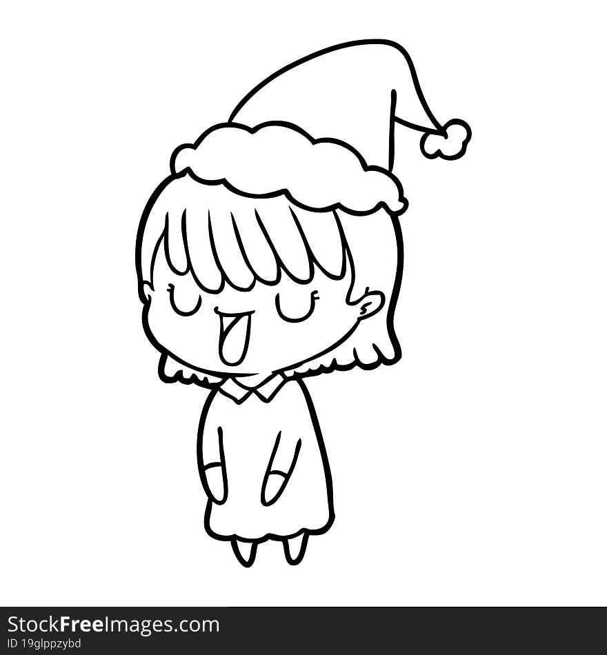 hand drawn line drawing of a woman wearing santa hat