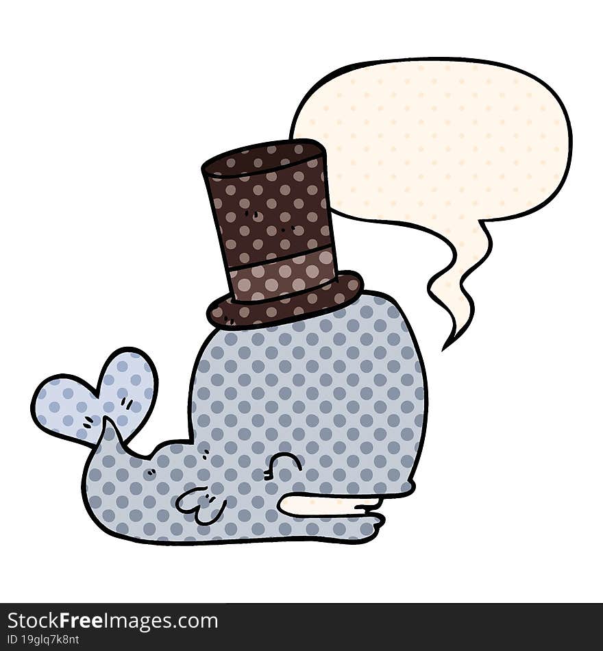 cartoon whale wearing top hat and speech bubble in comic book style