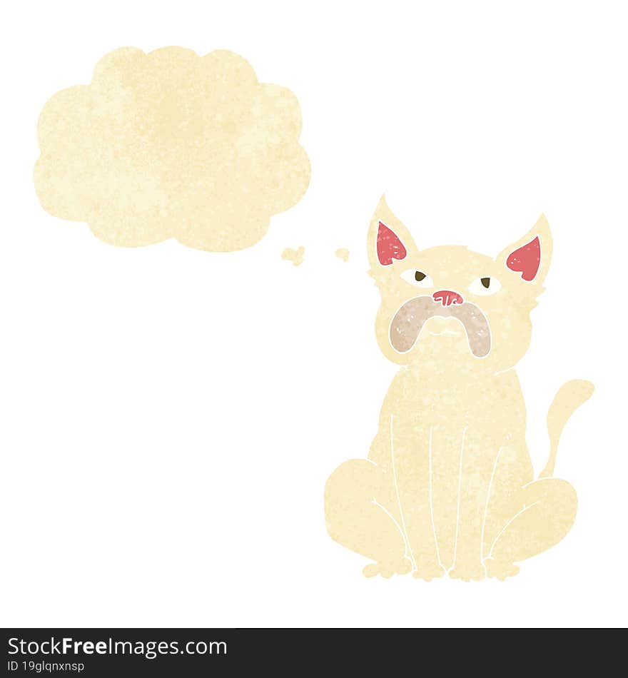 cartoon grumpy little dog with thought bubble