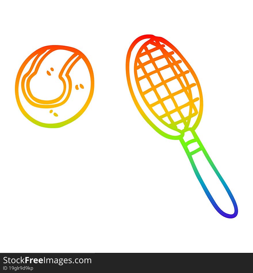 rainbow gradient line drawing of a cartoon tennis racket and ball