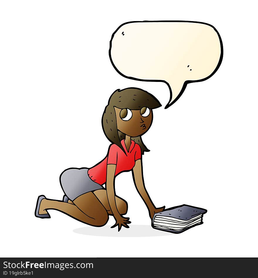 cartoon girl picking up book with speech bubble