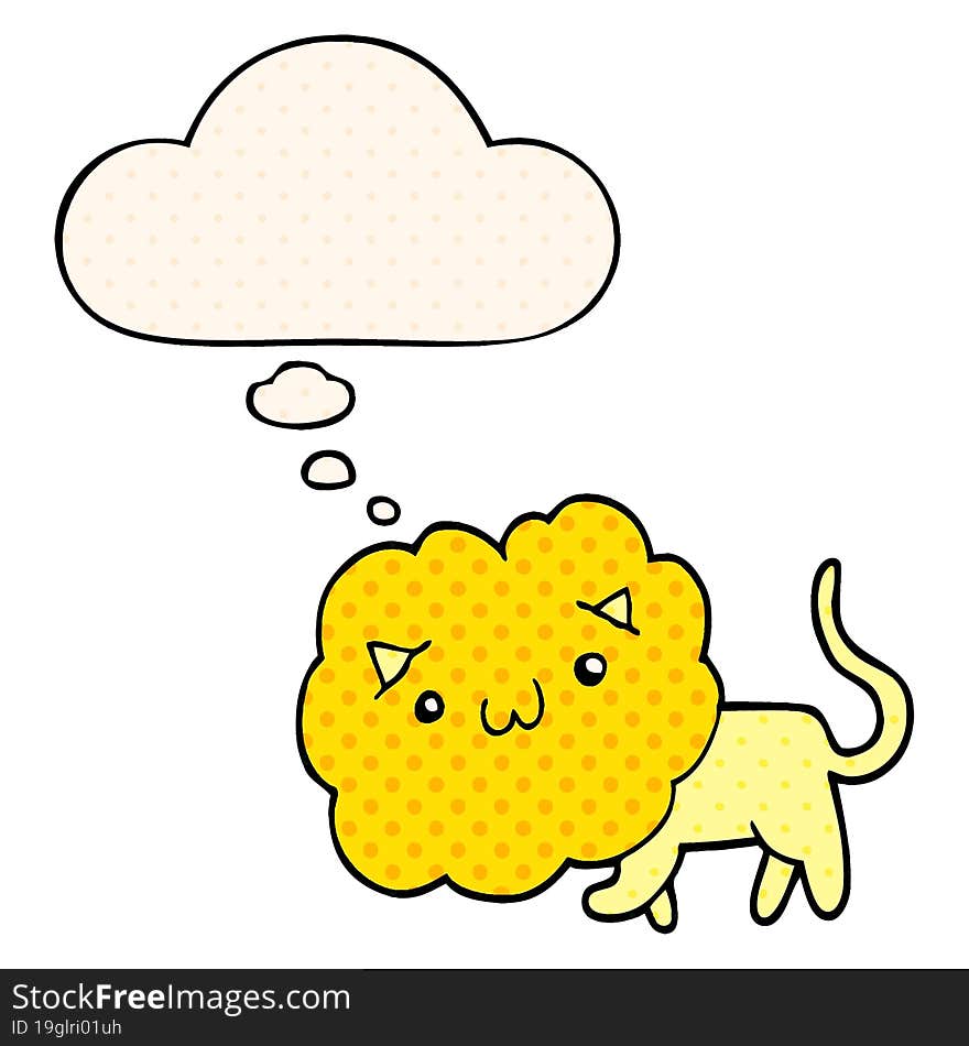 cute cartoon lion and thought bubble in comic book style