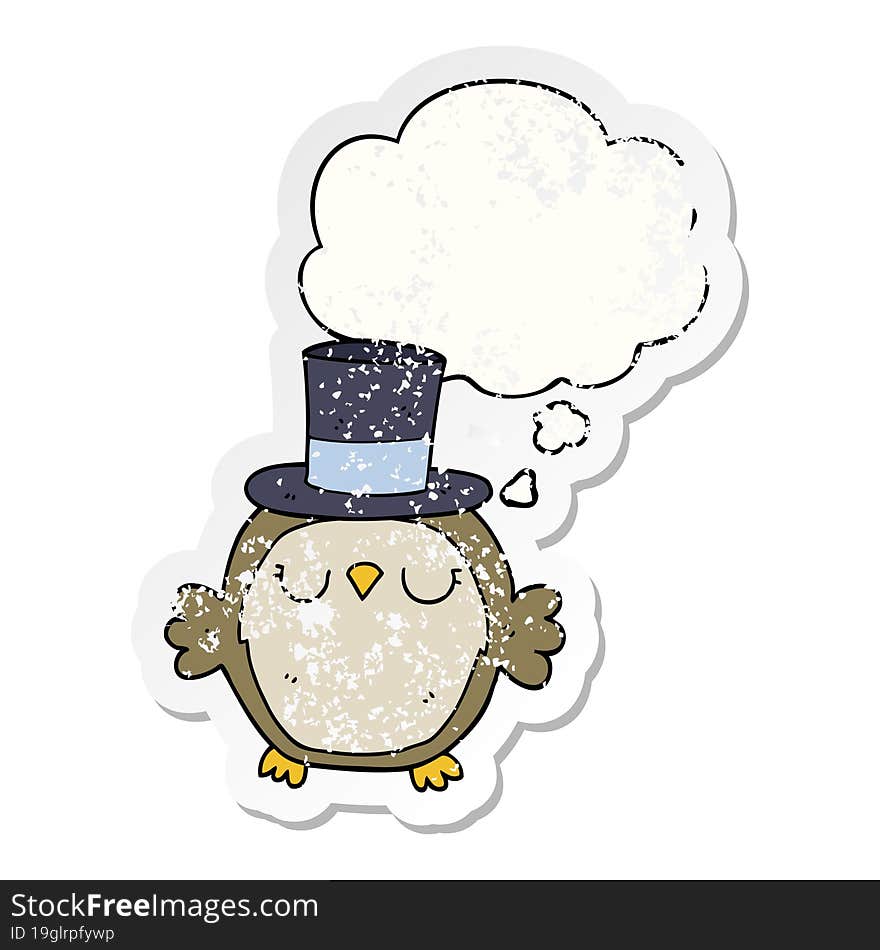 cartoon owl wearing top hat and thought bubble as a distressed worn sticker