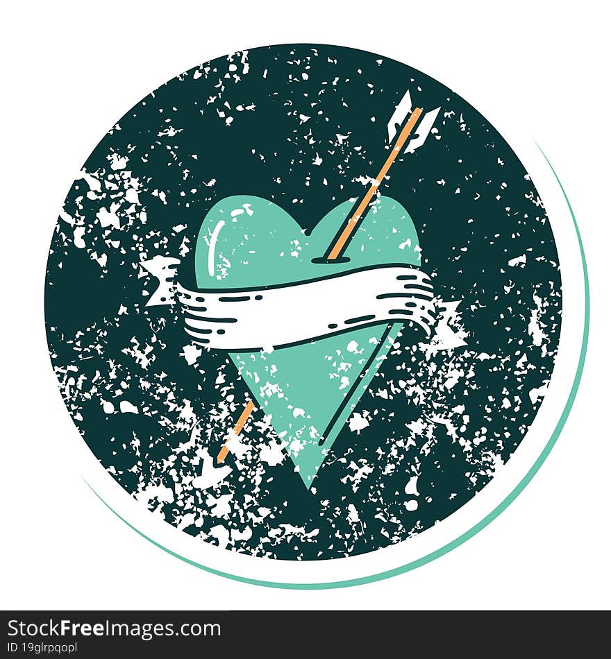 distressed sticker tattoo style icon of an arrow heart and banner