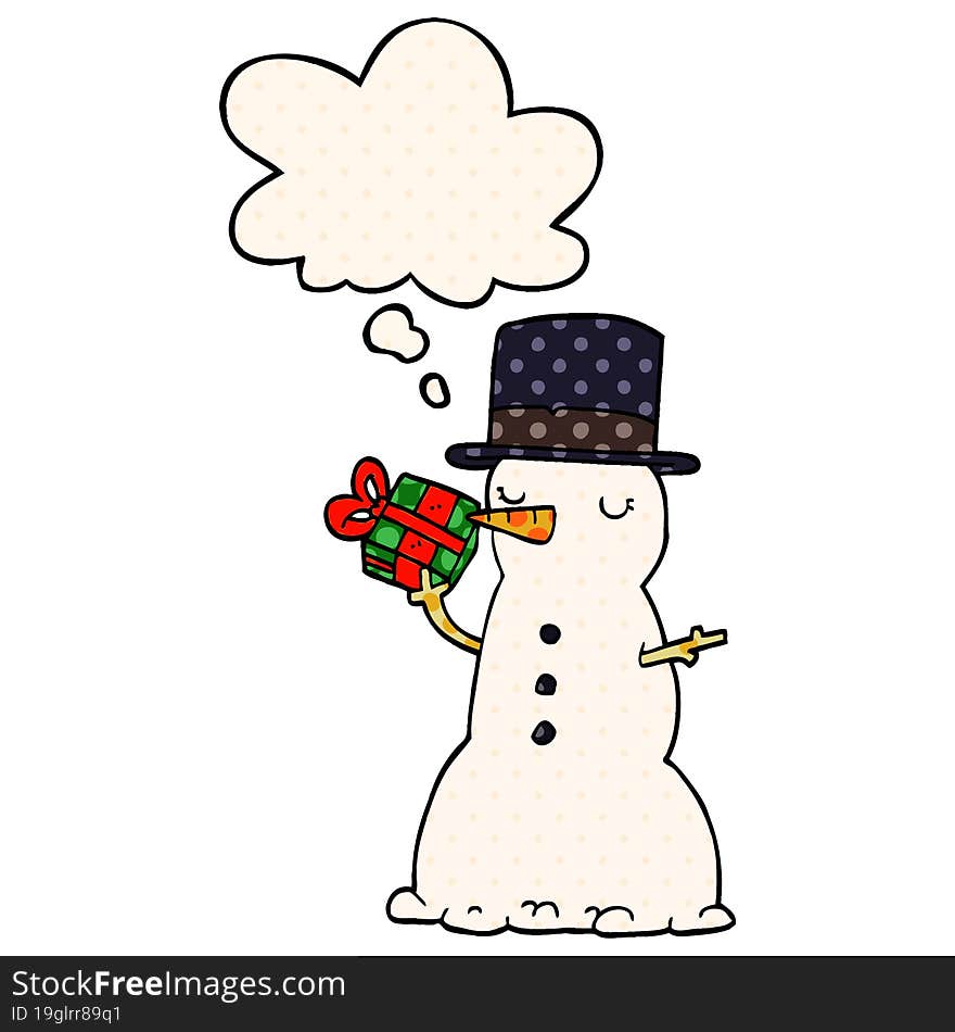 cartoon snowman and thought bubble in comic book style