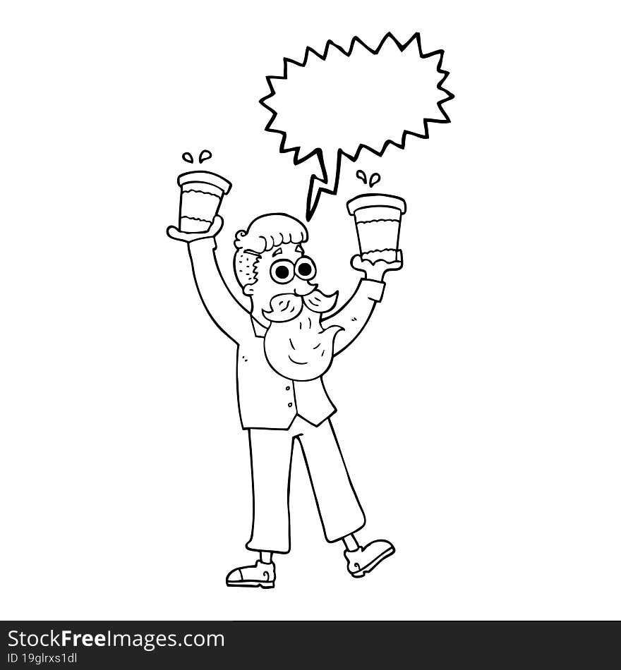 freehand drawn speech bubble cartoon man with coffee cups