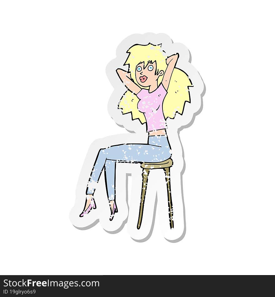 retro distressed sticker of a cartoon woman posing on stool