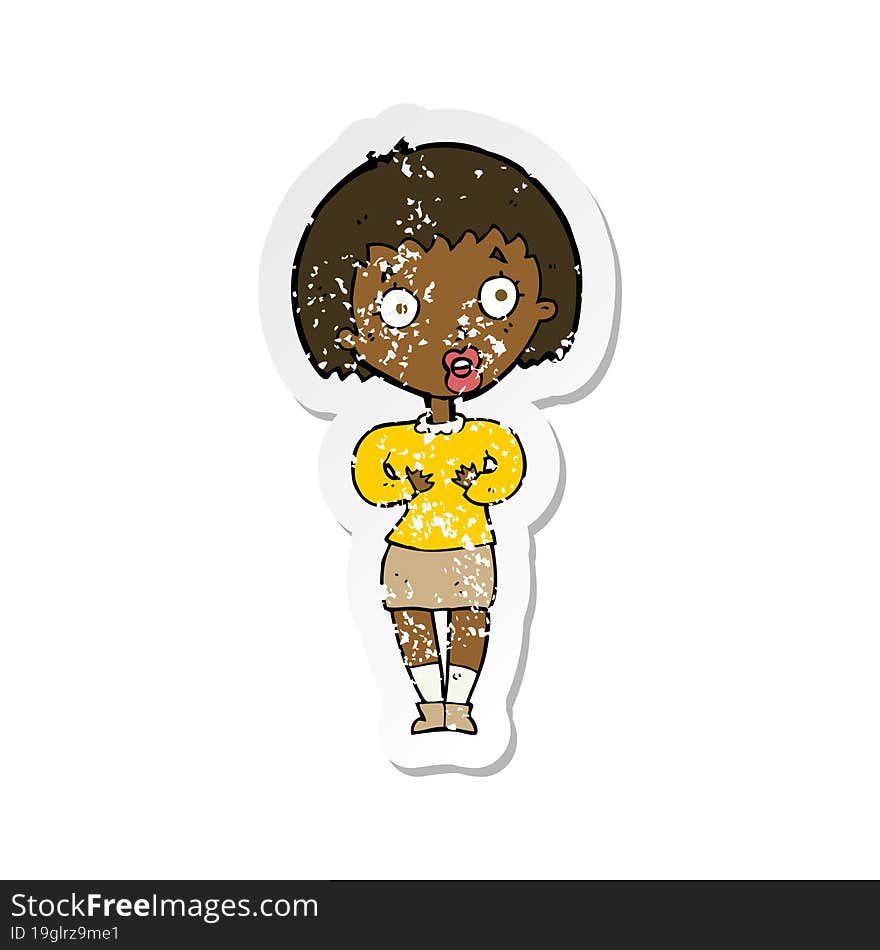 retro distressed sticker of a cartoon woman making Who Me gesture