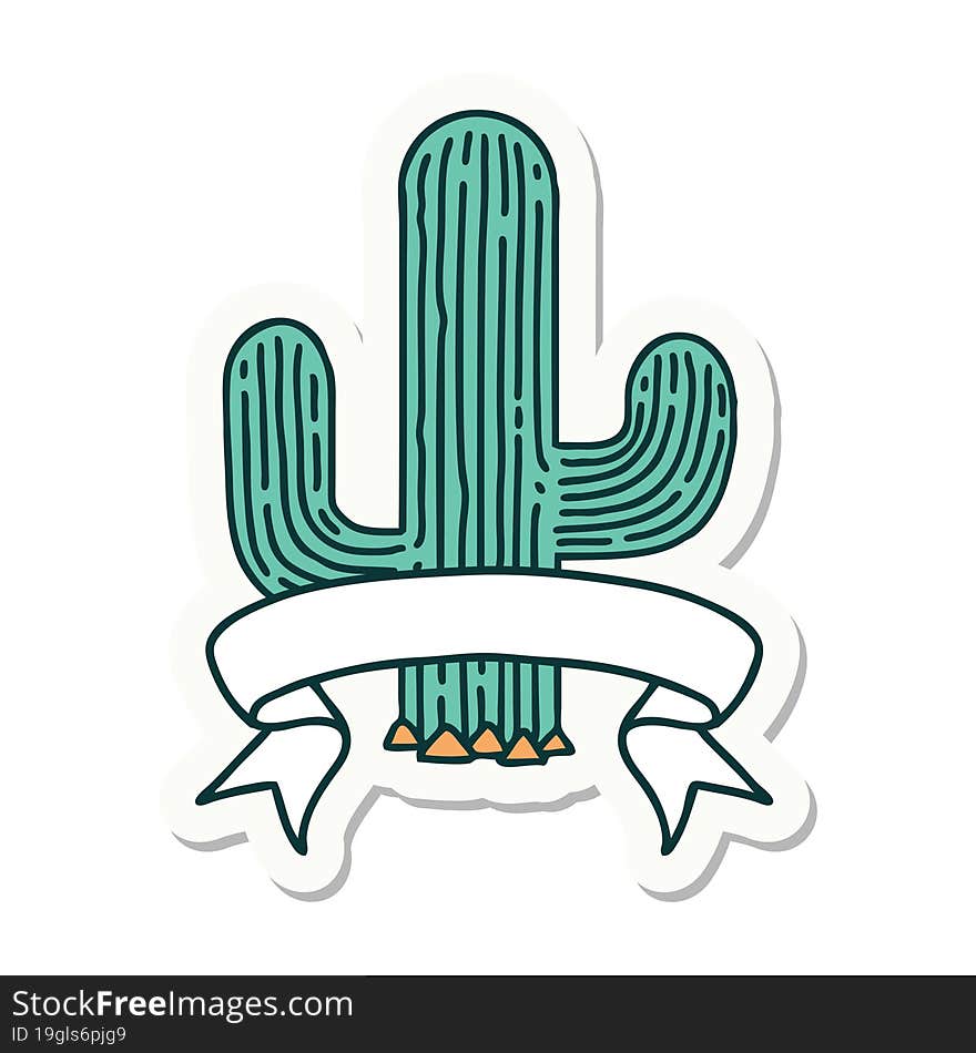 tattoo style sticker with banner of a cactus