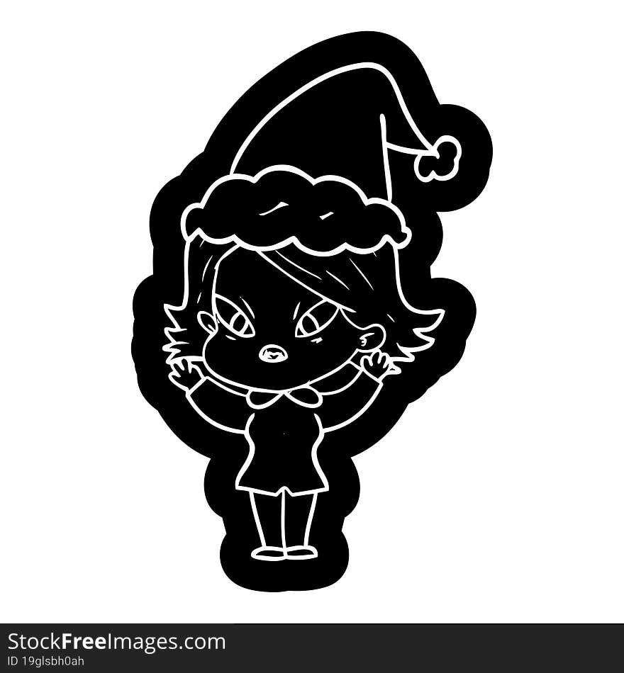 cartoon icon of a stressed woman wearing santa hat