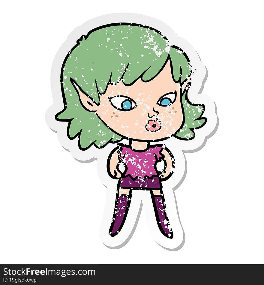 distressed sticker of a pretty cartoon elf girl