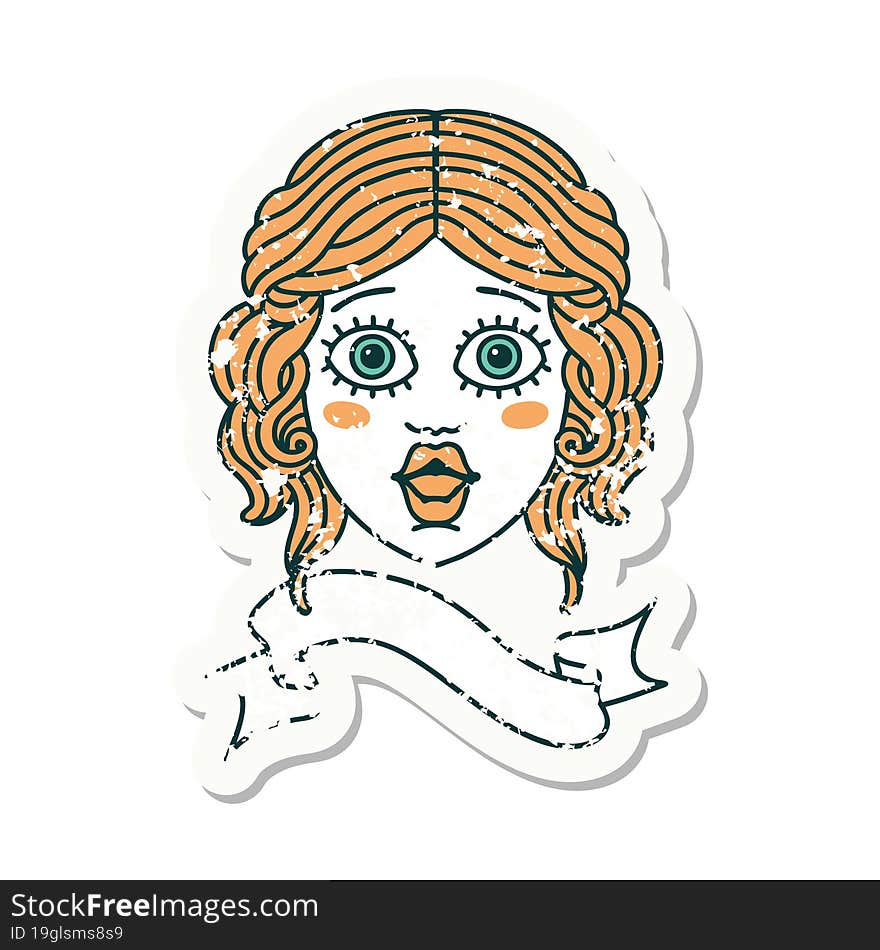 grunge sticker with banner of female face