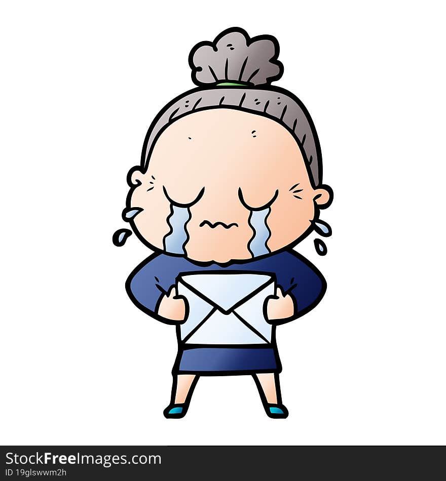 cartoon old woman crying with letter. cartoon old woman crying with letter