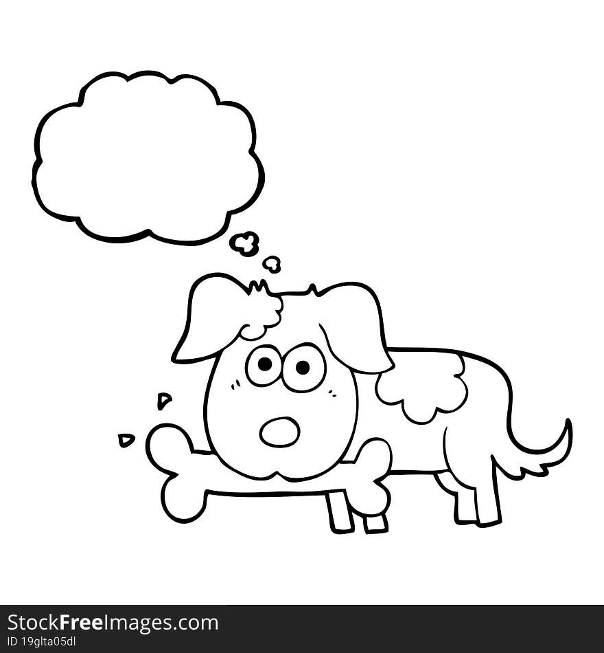 freehand drawn thought bubble cartoon dog with bone