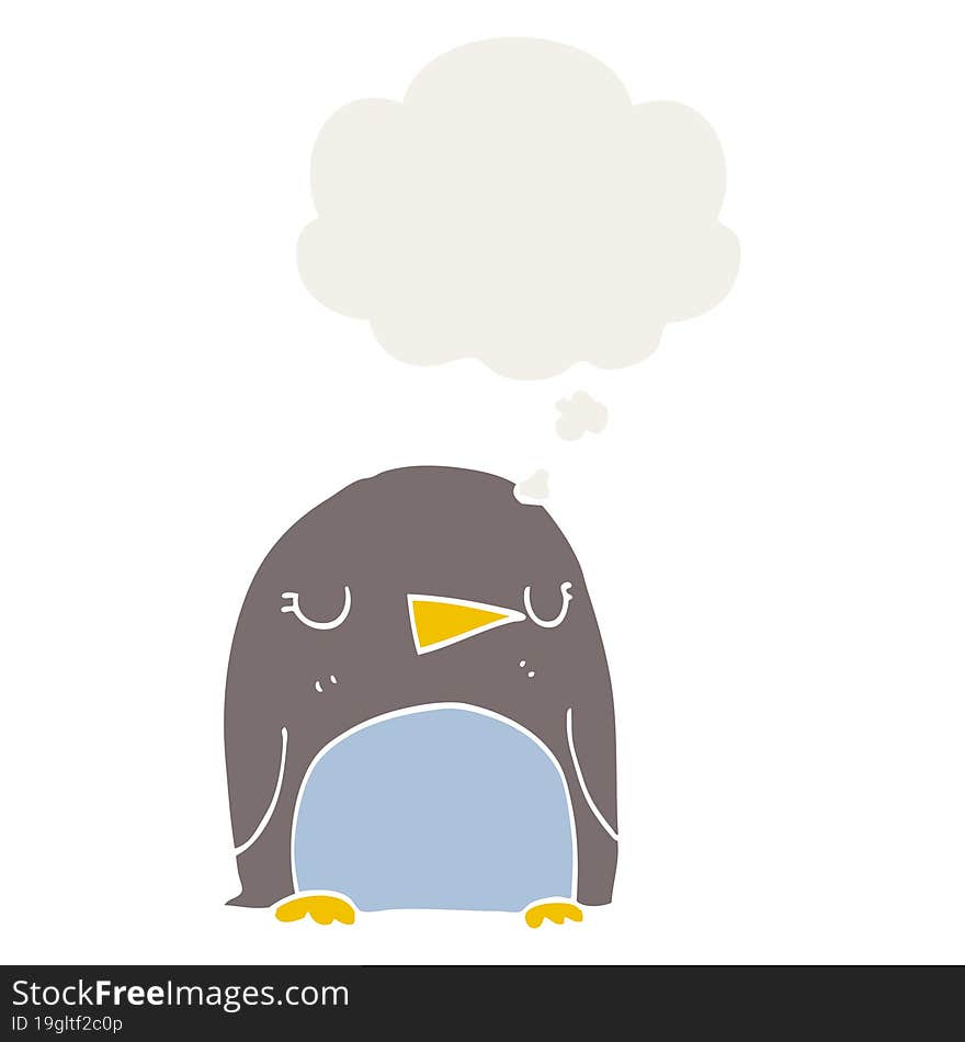 cartoon penguin and thought bubble in retro style