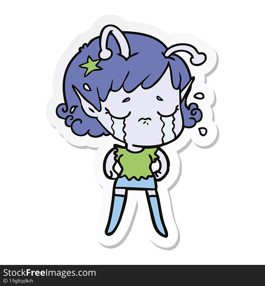 sticker of a cartoon crying alien girl