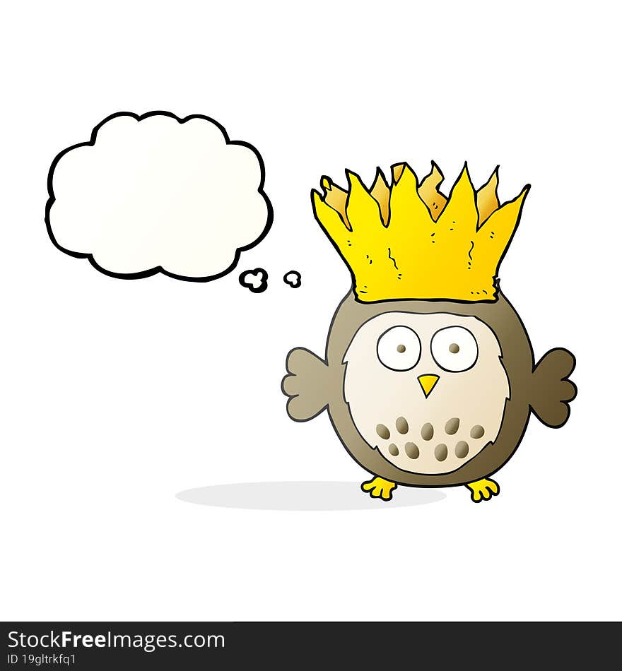 freehand drawn thought bubble cartoon owl wearing paper crown christmas hat