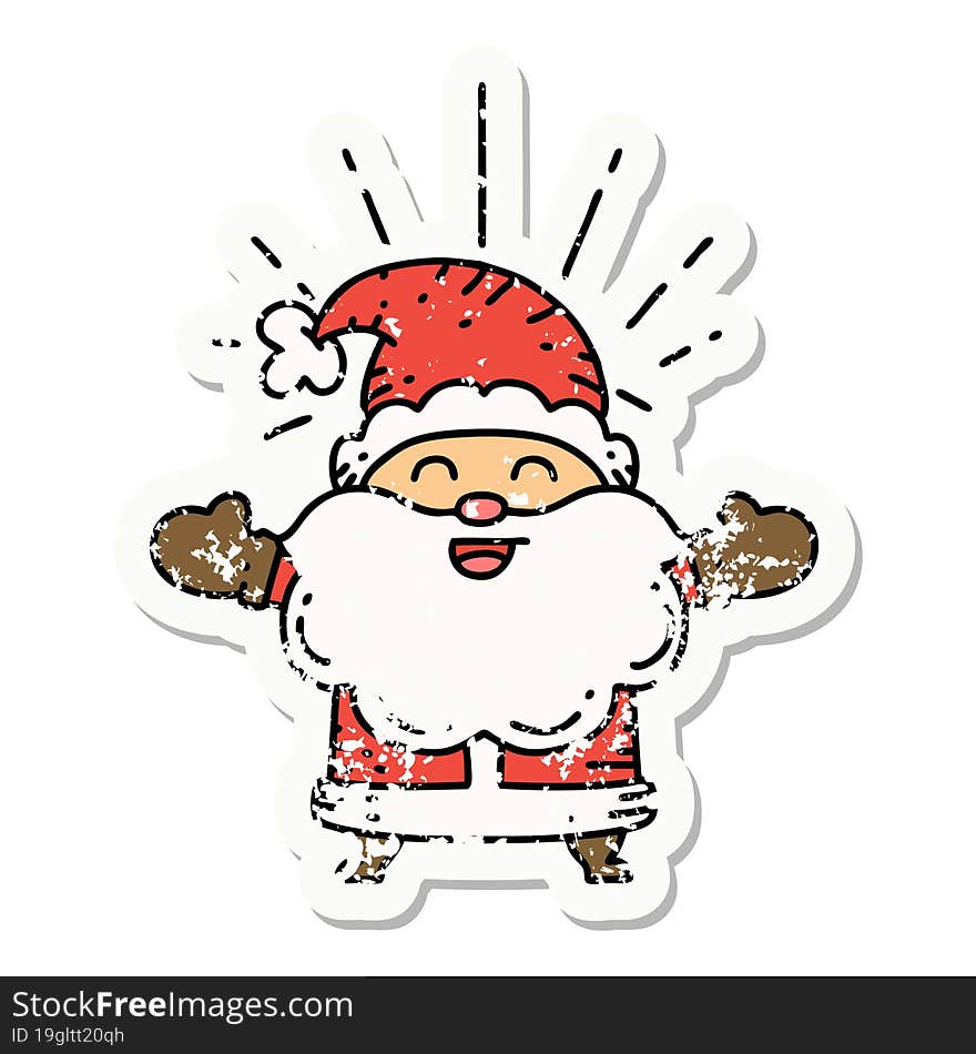 grunge sticker of tattoo style happy santa claus christmas character