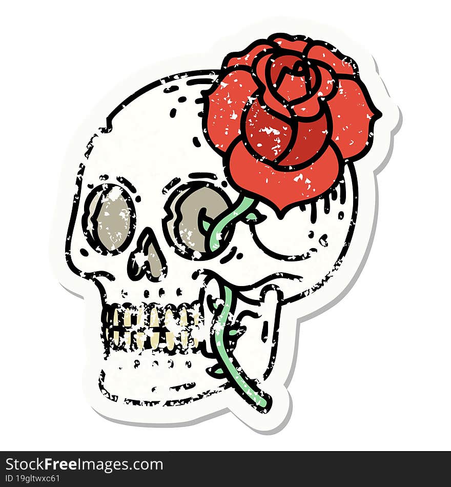 distressed sticker tattoo in traditional style of a skull and rose. distressed sticker tattoo in traditional style of a skull and rose