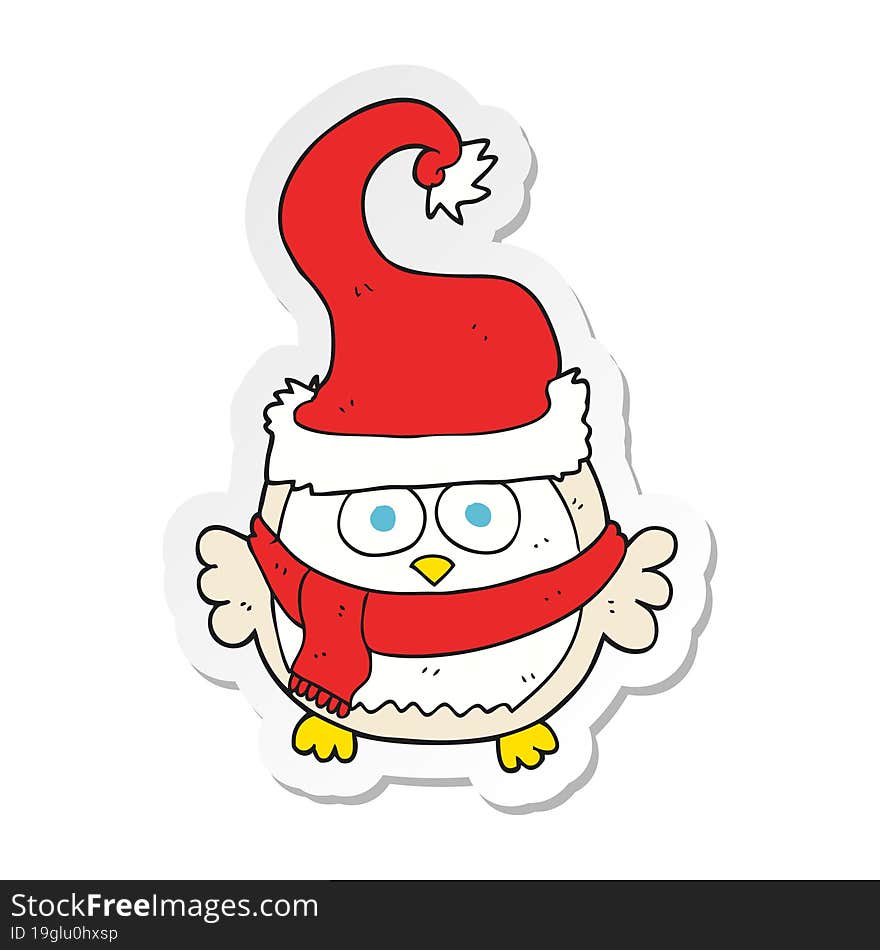 Sticker Of A Cartoon Owl Wearing Christmas Hat